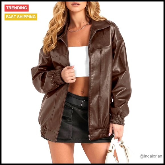 Oversized Faux Leather Jacket Motorcycle Style Zip Pocket Trendy Chic